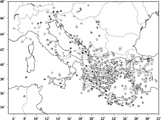 Source mechanisms of earthquakes with magnitude M > 5 in the study area: CMT solutions (black and white focal spheres) and body waveform inversion and first‐motion solutions (grey and white symbols). Information on the paper from which focal mechanisms have been taken and a list of data are given by Viti . (2000).