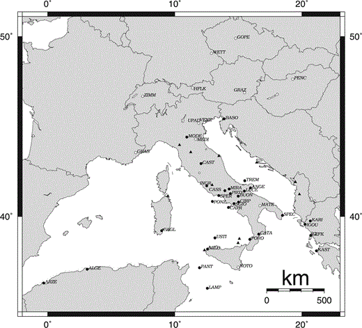 TYRGEONET and GEOMODAP networks. White circles indicate IGS permanent stations, black circles identify the stations used in this analysis, black triangles show other vertices not considered in the present computation.