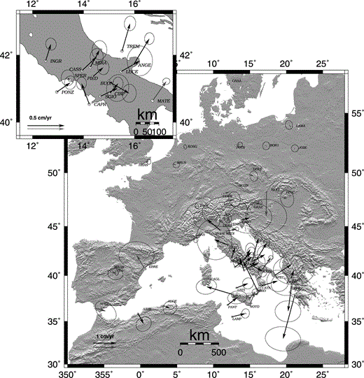 Residual velocities of the TYRGEONET and GEOMODAP stations (black arrows) and IGS stations (grey arrows) computed with respect to a Eurasian fixed reference frame. Error ellipses at 95 per cent confidence level.
