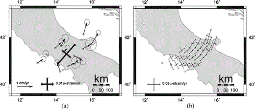 (a) Averaged strain rate estimate in the southern Apennines. Circles indicate geodetic stations and arrows the related velocity vectors with respect to a Eurasian fixed reference frame. (b) Horizontal principal strain rates inverted over a regular grid.