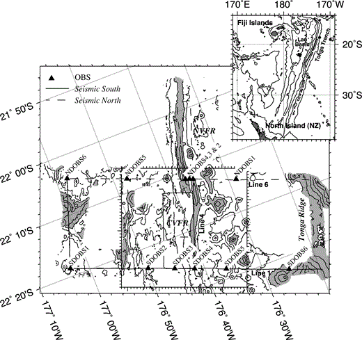 The Valu Fa Ridge seismic study (after Peirce . 1996; Turner . 1999). The seismic experimental configuration overlying the bathymetry of the study area is shown. Profile lines are shown by solid (Seismic South) and dashed (Seismic North) lines, and the main 2‐D seismic profiles are annotated. Bathymetric contours at 250 m intervals have been plotted, and seabed depths shallower than 2000 m have been shaded to show the locations of the Central and Northern Valu Fa Ridges and the Tonga Arc. OBS deployment positions are shown by triangles. Seismic data from the region enclosed by the box are discussed in this paper. The box is graduated at 1 km intervals. The inset shows the location of the work area in the Southern Lau Basin.