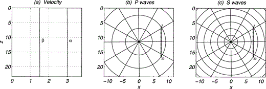 Homogeneous isotropic elastic medium with ρ = 1, α = 3 and β = 1.5. (a) Variation of wave velocities with depth. (b) , (c) Rays and wave fronts for traveltime multiples of 1.5 for P and S waves, respectively. In (b) and (c) the positions of the 23 receivers are marked with diamonds.