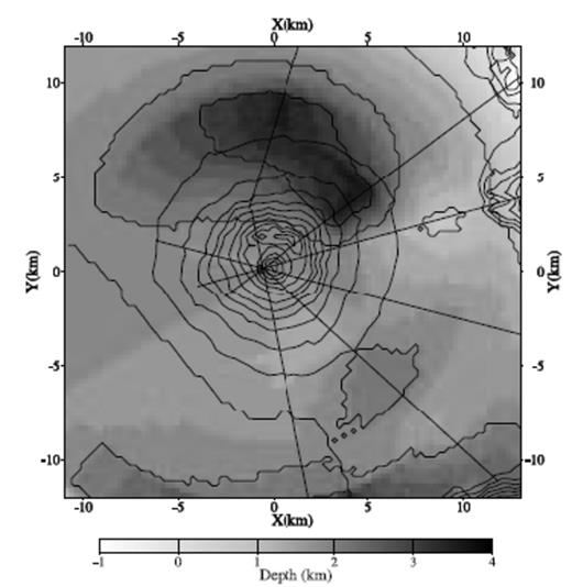 Contour map of the carbonate basement surface in the 3-D model obtained by circumferential interpolation of the basement depth determined for each 2-D velocity section.