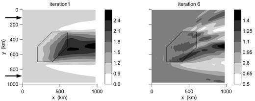 The same as Fig. 2 but for model 2 with a heterogeneity of −10 per cent. The wavefield is shown only at iterations 1 and 6. Note that the scaling is different in the two plots.