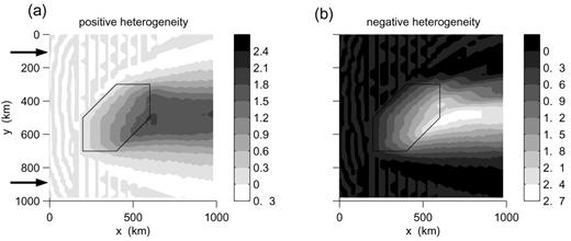 Map of the phase differences between the total vertical wavefields and the reference vertical wavefield at iteration 6. (a) Model 1; (b) model 2. The scale is in radians. The incident wave is a Rayleigh wave fundamental mode.