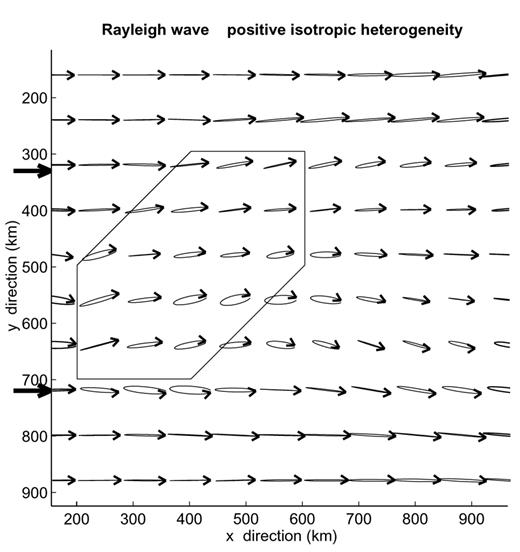 Close-up showing the polarization in the horizontal plane at iteration 6 for an incident Rayleigh wave fundamental mode. The particle motion is shown every four nodes of the model.