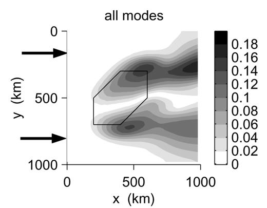 The same as Fig. 5 for a model where the heterogeneity is low-pass filtered with a cut-off wavelength of 300 km in the horizontal plane in order to avoid sharp boundaries.