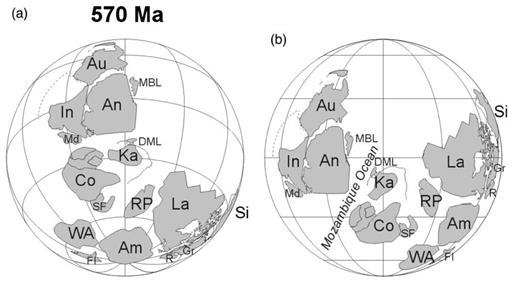 Two possible palaeoreconstructions for 570 Ma: (a) high-latitude position of Laurentia; (b) low-latitude position of Laurentia. Am—Amazonia, An—East Antarctica, Au—Australia, Co—Congo, DML—Dronning Maud Land, Fl—Florida block, Gr—Greenland, In—India, Ka—Kalahari, La—Laurentia, MBL—Marie Byrd Land, Md—Madagascar, R—Rockall, SF—Sao Francisco, Si—Siberia, WA—West Africa. Plotted with assistance of the Plates program of the University of Texas in Austin.