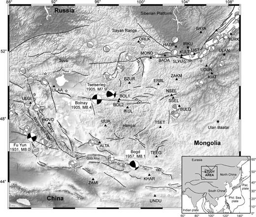 Seismotectonic setting and location of the GPS sites. White circles, recent earthquakes (ISC catalogue); white stars, historical earthquakes (Kilkho et al. 1985; Schlupp 1996). Focal mechanisms, 6 < M < 8 in grey, M > 8 in black (Bayasgalan 1999). Triangles, location of campaign GPS sites; black stars, permanent GPS sites. The topography indicates strong elevation changes from the Siberian craton to the north (∼450 m), to the Hangay dome and Mongolia–Altay belt (∼4500 m).