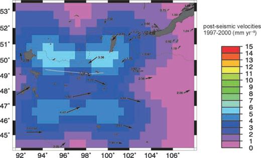 Standard model, post-seismic velocities for the 1997–2000 time period. The colour-coded background shows the post-seismic velocities with respect to the far-field region over the whole of western Mongolia. The black arrows show the post-seismic velocities at our GPS sites with respect to Irkutsk (Siberia).
