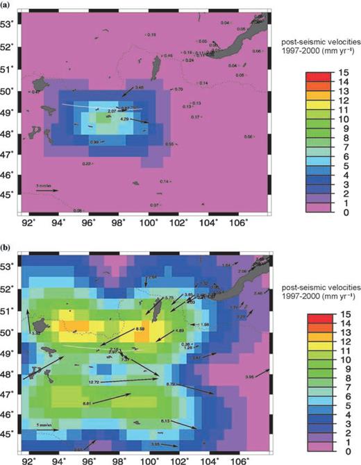 Post-seismic velocities for the 1997–2000 time period: (a) viscosity 3 × 1019 Pa s; (b) thickness of the elastic upper crust 15 km.