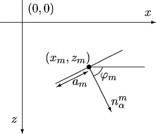 Each crack is represented by a line segment. It can be characterized by the position of its centre, xm= (xm, zm), its half-width am and the angle ϕm with the horizontal. The z-coordinate indicates depth and the x-coordinate refers to the horizontal position. The unit vector normal to the crack is defined as nαm= (cos ϕm, sin ϕm).