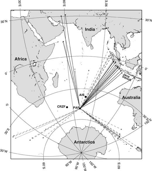 Epicentres (small, filled circles) and wave paths for the events recorded at PAF. Black line indicates observed polarisation anomaly, grey line indicates uncertain data and dashed line indicates no anomaly.