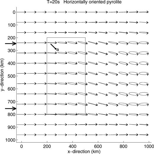 Polarisation in the horizontal plane of a 20 s Rayleigh wave propagating through an uniform, anisotropic region with horizontally oriented pyrolite. The amount of oriented pyrolite decreases linearly from 50 per cent at 20 km depth to 0 at 100 km depth. The anisotropic region is delineated by a black line. The pyrolite symmetry axis, coincident with the fast olivine a-axis, is oriented at 45° from the direction of propagation, as shown by the arrow in the anisotropic region. The Rayleigh wave is incident from the left of the figure, as indicated by the arrows.