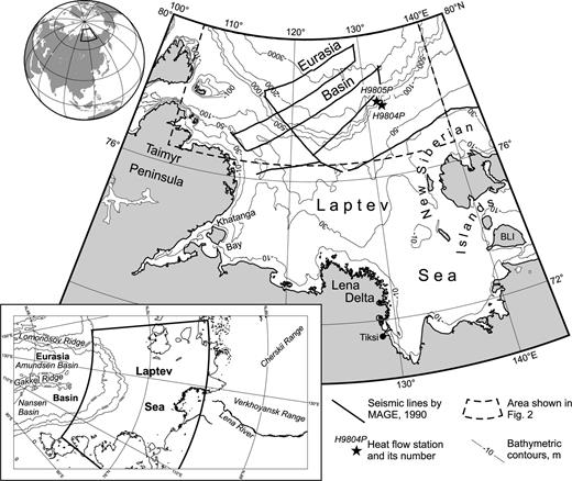 Index map of the Laptev Sea region showing location of sites of heat flow measurements conducted onboard FS Polarstern and multichannel seismic reflection profiles by MAGE's 1990 survey (polar stereographic projection, IBCAO bathymetry after Jakobsson 2000). The globe and a small-scaled insertion show the location of the studied area. BLI—Bol'shoi Lyakhov Island.