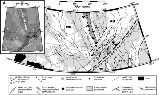Structural pattern of the Eurasia Basin–Laptev Shelf transition area (polar stereographic projection, IBCAO bathymetry). NB—Nansen Basin, AB—Amundsen Basin, WG—Western Graben, EG—Eastern Graben, UR— Ust' Lena Rift, ELH—East Laptev Horst, BSNR—Bel'kov–Svyatoi Nos Rift. Axis of linear magnetic anomalies are given after Karasik & Sochevanova (1990). The light grey indicates a positive free-air gravity field of 0 to 60 mGal, and the white background corresponds to negative field of 0 to −50 mGal as corresponds to a chart (A) at the right upper corner (gravity data provided by D. McAdoo 2000). The seismicity data were extracted from National Earthquake Information Center database, US Geological Survey ().