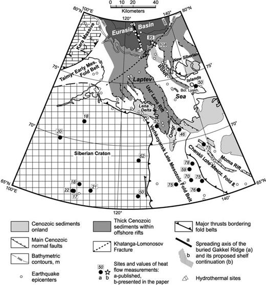 Main structural elements, seismicity and heat flow of the Laptev Sea Region and surrounding areas. Heat flow values (Pollack et al. 1993) increase toward the buried Gakkel Ridge-Laptev Rift System-Moma Rift, which are the locus of the North American-Eurasian plates interaction. Polar stereographic projection. BSNR—Bel'kov–Svyatoi Nos Rift, Omgr—Omoloi Graben.