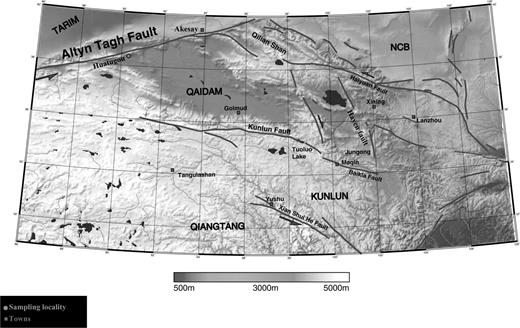 Simplified topographic map with the major faults. Squares indicate town locations, the circle is the palaeomagnetic sampling locality, Huatugou.