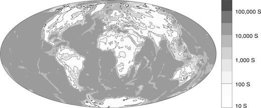 The global surface conductance map derived from smoothed NOAA ETOPO-5 topography and the Laske & Masters (1997)1 × 1 deg2 global sediment thickness map. The conductance is determined by depth-integrating the electrical conductivity in each 1° bin over a 50 km thick spherical shell. Representative conductivity values are chosen for marine, coastal plain and continental sediments, crystalline rock and seawater. The values are given in the text.