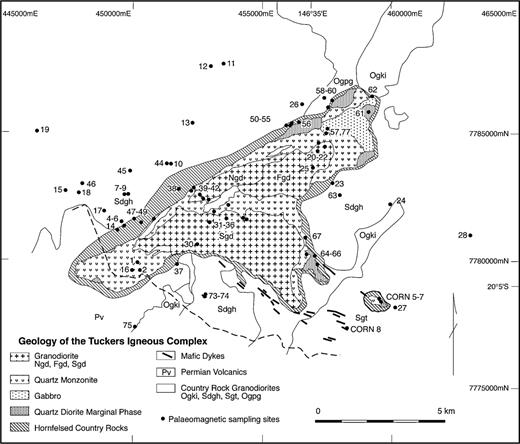 Geology of the Tuckers Igneous Complex. Ogki, Kirklea Granite; Sdgh, Heathfield West Tonalite; Sgt, Rishton Granodiorite; Ogpg, Ordovician Hornblende Porphyry; Ngd, Northern Granodiorite; Sgd, Southern Granodiorite; Fgd, Felsic Granodiorite (after Beams 1994). The distribution of palaeomagnetic sampling sites in and around the TIC is indicated.