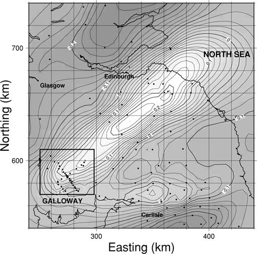 Magnetic variation anomalies in northern Britain. The map is a simulation of the horizontal magnetic field in the direction N45°W associated with a 1 nT horizontal magnetic field, direction N135°E at a reference site (Eskdalemuir magnetic observatory). The period of the electromagnetic field is 750 s. The direction of the horizontal field has been chosen to produce an undistorted image of the scattered currents created by a conductor aligned at N45°E. The anomaly maxima lie directly above the currents. Dots mark the positions of observations. The dense array of points surrounded by a box is the survey described in this paper. The box corresponds exactly to the area displayed in detail in Fig. 2.