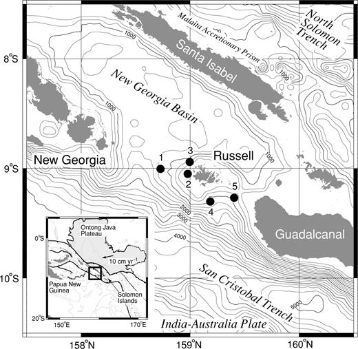 Map of the major bathymetric features in the vicinity of the Solomon Islands region, showing the positions of OBSs. Contour interval is 250 m. Solid circles and numerals denote the positions of OBS and the OBS number, respectively. Outline of the Ontong Java Plateau and major plate boundaries are shown in the inset. The plate vector in the inset was calculated from NUVEL-1A (DeMets 1994) using a fixed India—Australia Plate.