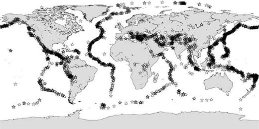 Distribution of epicentres of events used. To be included, there must be at least ten observations of Ms from the event, resulting in a sharp reduction of available events in the southern hemisphere.