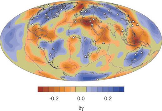 Distribution of δγ(θ, φ). Stations used are shown as white triangles and plate boundaries as purple lines.