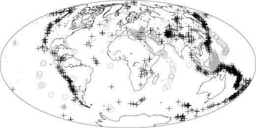 The change in for events during 1999. Black crosses indicate events for which the model decreases , i.e. the raw data overestimates . Grey circles indicate events for which the modelling process increases .