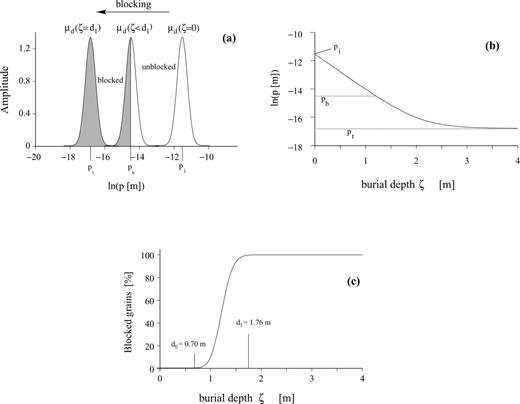 (a) Log-normal distribution of pore sizes. Below a certain pore size, the grains are mechanically fixed and the magnetization is blocked (left, shaded area). (b) Mean of the distribution as a function of burial depth; initial value: pi. Below a certain depth, the terminal pore size pt is reached. (c) The percentage of blocked grains calculated by integration from 0 to the blocking pore size pb. The detrital remanence starts blocking at d0= 0.70 m and is locked at d1= 1.76 m. (The lock-in depths correspond to the best-parameters of the exponential model, see Fig. 11b.)