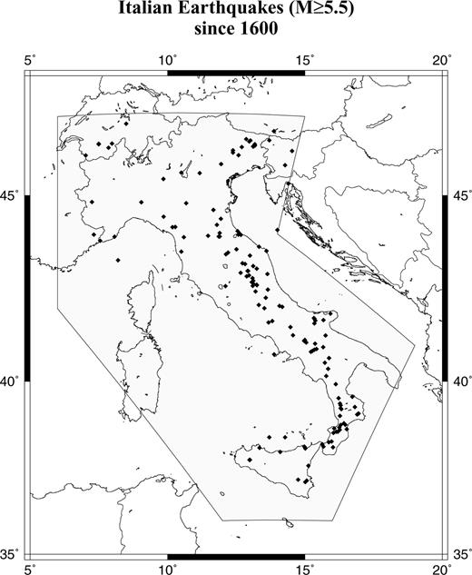 Map of the earthquakes with M≥ 5.5 since 1600 in Italy.