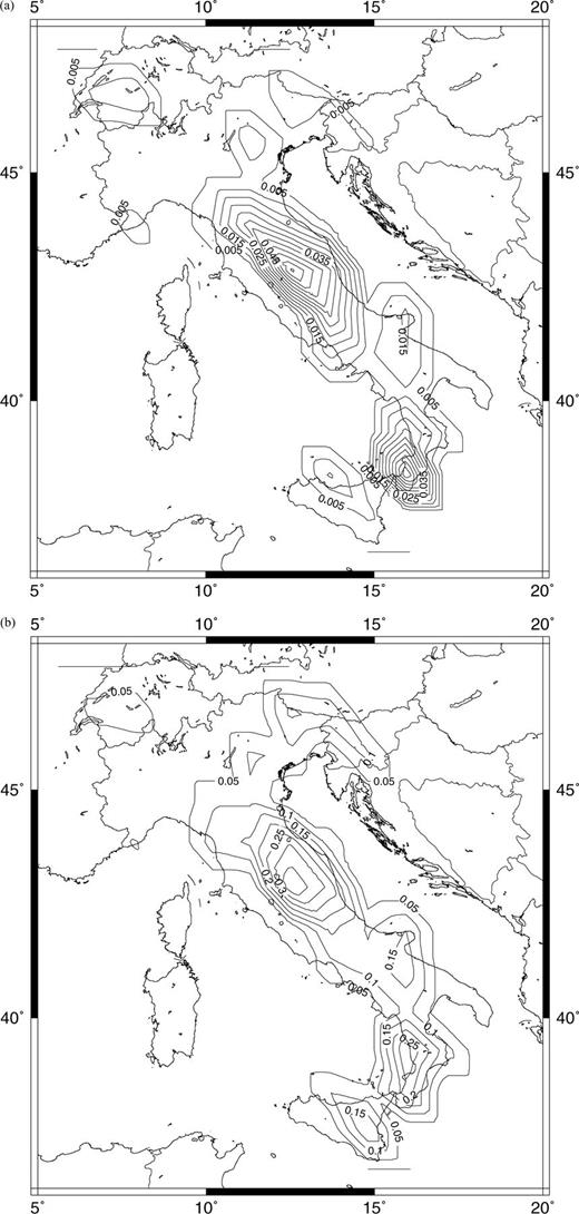 (a) Map of the probability of occurrence for the next large earthquake in Italy calculated for τ= 1 yr (eq. 26). (b) The same as for (a), but relative to τ= 10 yr.