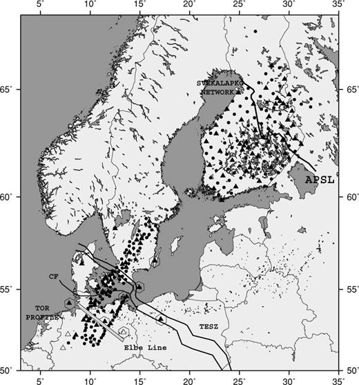 Location map showing the seismographic stations of TOR, SVEKALAPKO, GRSN and GEOFON. The Elbe Line, the Caledonian Front (CF), the Trans-European Suture Zone (TESZ), and the line of suture between Proterozoic and Archaean provinces (APSL) in Finland have been depicted and annotated accordingly. Broad-Band and short period stations have been delineated with triangles and circles, respectively, while the hollow triangles represent the stations of GRSN. The triangles delimited by polygons represent GEOFON stations.