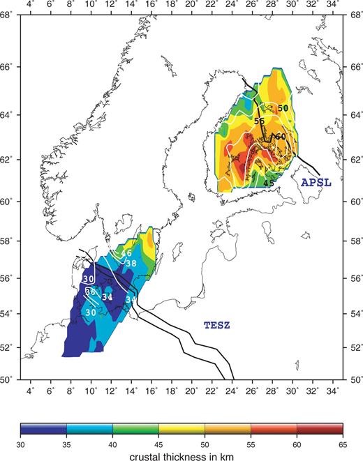 A colour coded map of the crustal thickness across the TOR and SVEKALAPKO networks as calculated by applying the Zhu & Kanamori (2000) method to the receiver function data. Superimposed in white colour contours are the Moho depths from controlled seismic source studies (EUGENO-S Working Group 1988; Luosto 1997; Korsman 1999). There is a great deal of agreement between the results of the two data sets. A discrepancy shows up in central Finland where the deepest Moho offset according to the receiver function results is located southwest of the suture line of the Proterozoic and Archaean provinces (APSL), which is in disagreement with results from controlled source studies.