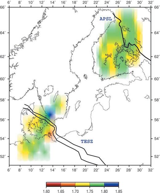 Distribution of Vp/Vs values across the TOR and SVEKALAPKO networks as determined by applying the Zhu & Kanamori (2000) method to the receiver function data. An increase towards higher values of Vp/Vs values is observed north of the TESZ whereas across the SVEKALAPKO network the values do not show abrupt variations and are within the range expected at stable cratons.