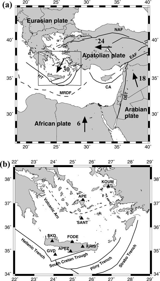 (a) Simplified tectonic map of the Eastern Mediterranean (CA = Cyprian arc; DST = Dead Sea Transform; EAF = East Anatolian Fault; HT = Hellenic Trench; MRDF = Mediterranean Ridge Deformation Front; NAF = North Anatolian Fault). Plate velocities are depicted by arrows, values in mm yr−1, after McClusky (2000). (b) Closeup view of the Hellenic arc system. Broad-band stations used in this study are shown by filled triangles.