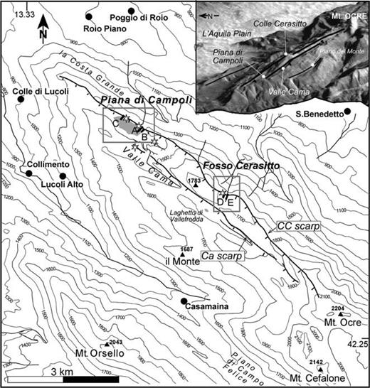 Topographic map of the Mt Ocre area showing the fault scarp traces along the range summit (Cama and Campoli-Cerasitto) and the sites of investigations (grey boxes); altitudes are in metres. The location of the trenches is indicated with black rectangles and the sites of GPR surveys with stars. The inset shows a 3-D image of the area.