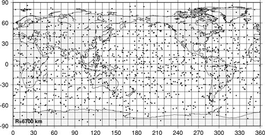 Random starting configuration of nodes at the convex hull, a surface located at R= 6700 km.