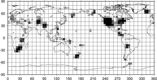 The target resolution near the surface has regions of high resolution (ℓij= 300 km, black) superimposed on a background resolution of 800 km (white). The greyscale is linear.