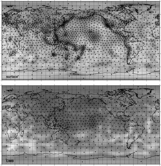 Top: the model nodes of the convex hull, adapted to the near-surface resolution of a set of long period S, SS and ScS cross-correlation arrival times interpreted using finite-frequency theory. The greyscale shows the target resolution, ranging from 0 km (black) to 1500 km (white). Bottom: the bounding surface of the model at the depth of the core–mantle boundary (CMB). The greyscale is as in the top figure.