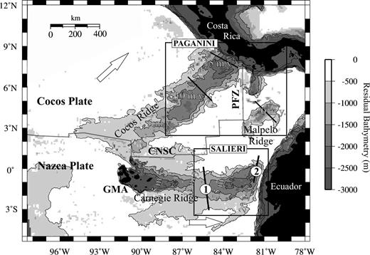 Location map of the study zone showing the residual bathymetry derived from the seafloor age (Mueller et al. 1996), based on the plate cooling model of Parsons & Sclater (1977) for ages smaller than 70 Myr (d= 2500 + 350t1/2). Numbers show crustal ages of oceanic plates at 5 Ma intervals. Large arrows display plate motions relative to the stable South American craton (Trenkamp et al. 2002). Black lines show the location of all the wide-angle seismic profiles and numbers indicate the two profiles used in this work (profile 1, Western Carnegie; profile 2, Eastern Carnegie). Boxes outline the seismic experiments recently performed in Cocos, Malpelo and Carnegie (PAGANINI-1999; SALIERI-2001). CNSC, Cocos–Nazca Spreading Centre; GHS, Galápagos hotspot; PFZ, Panama fracture zone.