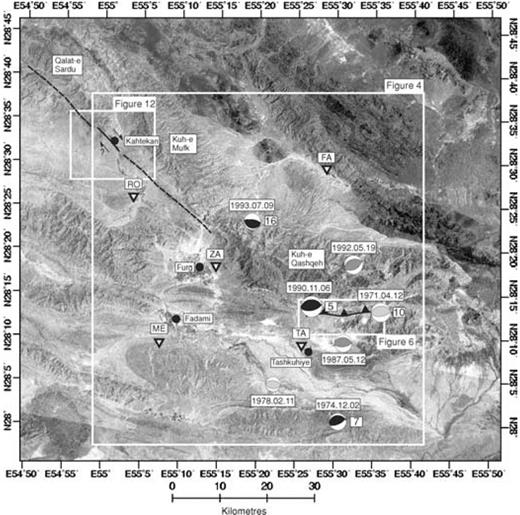 LANDSAT TM+ mosaic of the 1990 Furg (Darab) epicentral region. Seismograph stations used in the aftershock study (see ) are marked with inverted triangles. Fault-plane solutions of earthquakes from Table 1 are included (light grey are first-motion solutions, dark grey are from the Harvard CMT catalogue, black are events modelled using P and SH body-waveforms). Centroid depths in km of earthquakes that are constrained by waveform modelling (Fig. 3 and Talebian and Jackson, 2002) are in white boxes positioned to the right of each fault-plane solution. Faults that displace Quaternary fan material are marked as solid black lines. Suspected active faults in bed-rock are marked as dotted black lines. White boxes show regions represented in later figures. This figure is in UTM zone 40 projection.
