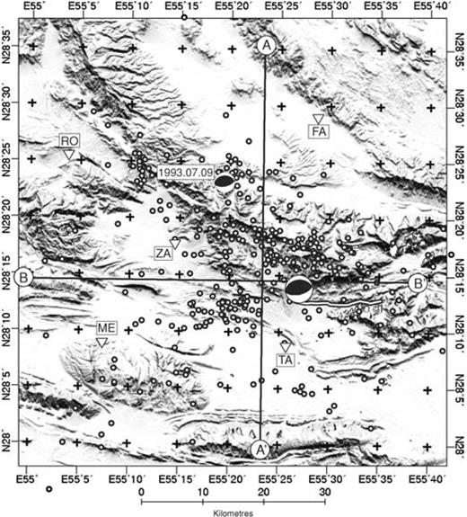 SRTM (Shuttle-borne Radar Topography Mission) 90 m-pixel-size digital topography of the Furg region. Fault-plane solutions of the 1990 November 6 Furg earthquake and an event on 1993 July 9 are included. Surface ruptures of the Furg earthquake are marked as a white line with black outline (see for a discussion of the ruptures). Inverted triangles are the five seismic stations of the local network operated by the University of Tehran (see Table 3). White circles are aftershocks of the Furg earthquake recorded from 1990 November 9 to 1990 December 11. We have no reliable estimates of the location uncertainty for individual events, and the distribution should be used as a general guide only (see for a full discussion). The lines A-A′ and B-B′ are the lines of the cross-sections in Fig. 5. This figure is in UTM zone 40 projection.