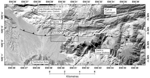 ASTER image of the Furg co-seismic fault trace, whose location is taken from an original map by Raisi (1991). The star is the epicentre of the 1990 earthquake re-located using the method of Engdahl (1998) (Engdahl, personal communication, University of Colorado, Boulder). The box shows the location of Fig. 7. This figure is in UTM zone 40 projection.