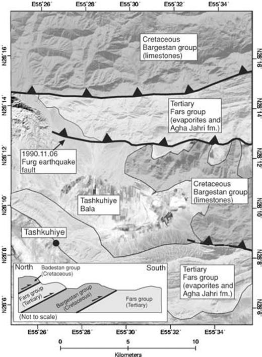 Simplified geological map of the Furg region based on the published NIOC (National Iranian Oil Company) geological map (1:250,000 scale, Furk sheet (H 40)), and from our own observations from satellite imagery and in the field. The 1990 Furg earthquake fault is situated between two geological faults that thrust Cretaceous limestones of the Bangestan formation over mid to late Tertiary evaporites of the Fars formation. Both geological faults and the sedimentary layers dip at ∼30°N.