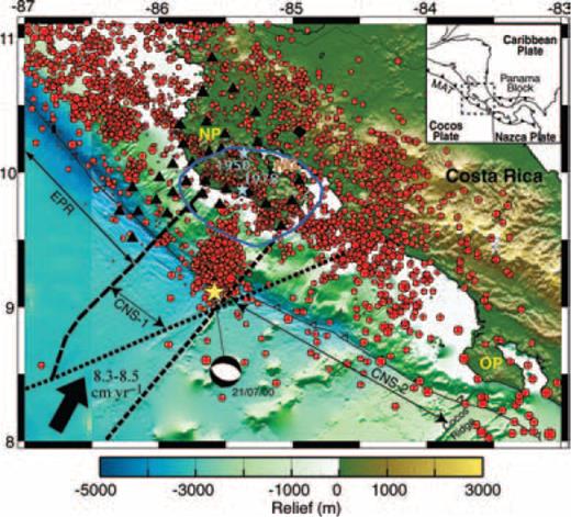 Overview map of the Nicoya CRSEIZE experiment. Cocos Plate oceanic crust formed at the East Pacific Rise (EPR) and at the Cocos-Nazca Spreading Center (CNS-1 and CSN-2) (Barckhausen et al. 1998, 2001) subducts along the Middle America Trench (MAT) offshore northern Costa Rica. The EPR–CNS plate suture occurs along a triple junction trace (bold long dashed line); other tectonic boundaries include a propagator trace (short dashed line) and a ridge jump (dotted line). Initial database locations using 1-D IASP91 velocity model are scaled by local magnitude (red circles). The Nicoya Experiment recorded interseismic seismogenic zone seismicity, crustal seismicity and the main shock and aftershock sequence of the 2000 Nicoya earthquake along the outer rise (yellow star with Harvard Centroid Moment Tensor solution). The Mw 7.7 1950 and Mw 6.9 1978 earthquakes (blue stars) and the 1950 aftershock region (blue line) provide one seismogenic zone estimate (Avants et al. 2001). NP: Nicoya Peninsula; NG: Nicoya Gulf; and OP: Osa Peninsula. Bathymetry is from von Huene et al. (2000).