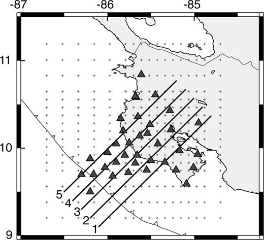 Coarse and fine grid spacing (crosses) used for progressive 3-D inversions. A 20-km-grid spacing was used to calculate the initial 3-D velocity structure and 10 km grid spacing was applied in regions of higher resolution. Solid black lines denote profiles through the model shown in later figures numbered sequentially from south to north. Triangles: seismic stations.