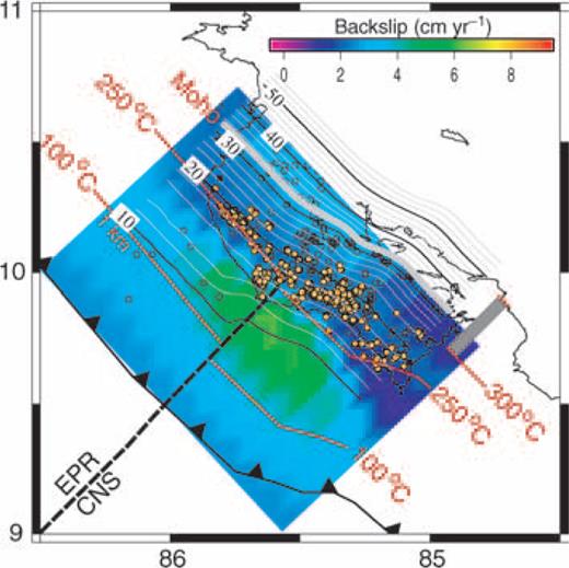 Geodetically inferred locking and interplate seismicity (orange circles) along the plate interface. Interplate seismicity occurs downdip of a major zone of locking which corresponds to nearly 75 per cent of the plate rate in this region. Microseismicity concentrates where the plate creeps. Geodetic model from Norabuena et al. (2004). Temperature isotherms from Spinelli & Saffer (2004) updip and Harris & Wang (2002) downdip; the grey box indicates the potential variance in the modelled 300°C isotherm. Thick grey line marked ‘Moho’ represents the intersection of the subducting plate with the continental Moho estimated in this study.