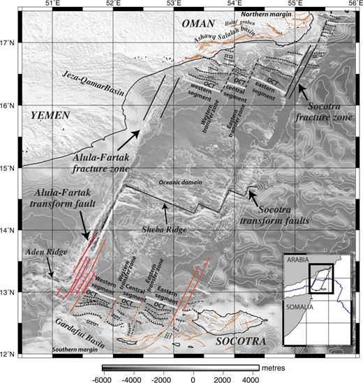 Structural map of the conjugate margins published by d'Acremont (2005) with in the background bathymetry and topographic map from Smith & Sandwell (1994) and Encens-Sheba cruise (swath bathymetry, Leroy 2004a). Contour interval: 200 m. OCT: Ocean Continent Transition is plotted from the study of d'Acremont (2005). Inset: General map location.