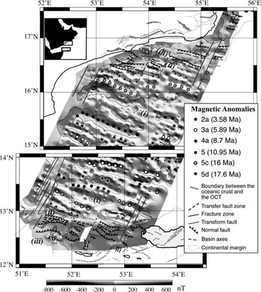 Magnetic anomalies of the northern and southern domains of the study area superimposed on total magnetic field (200 nT contours). The structural interpretation of the offshore margins is from d'Acremont (2005) and of the onshore margins from Beydoun & Bichan (1969), Birse (1997), Brannan (1997), Lepvrier (2002), Bellahsen (2006). (i), (ii) and (iii) used to enumerate the domains are explained in the text.